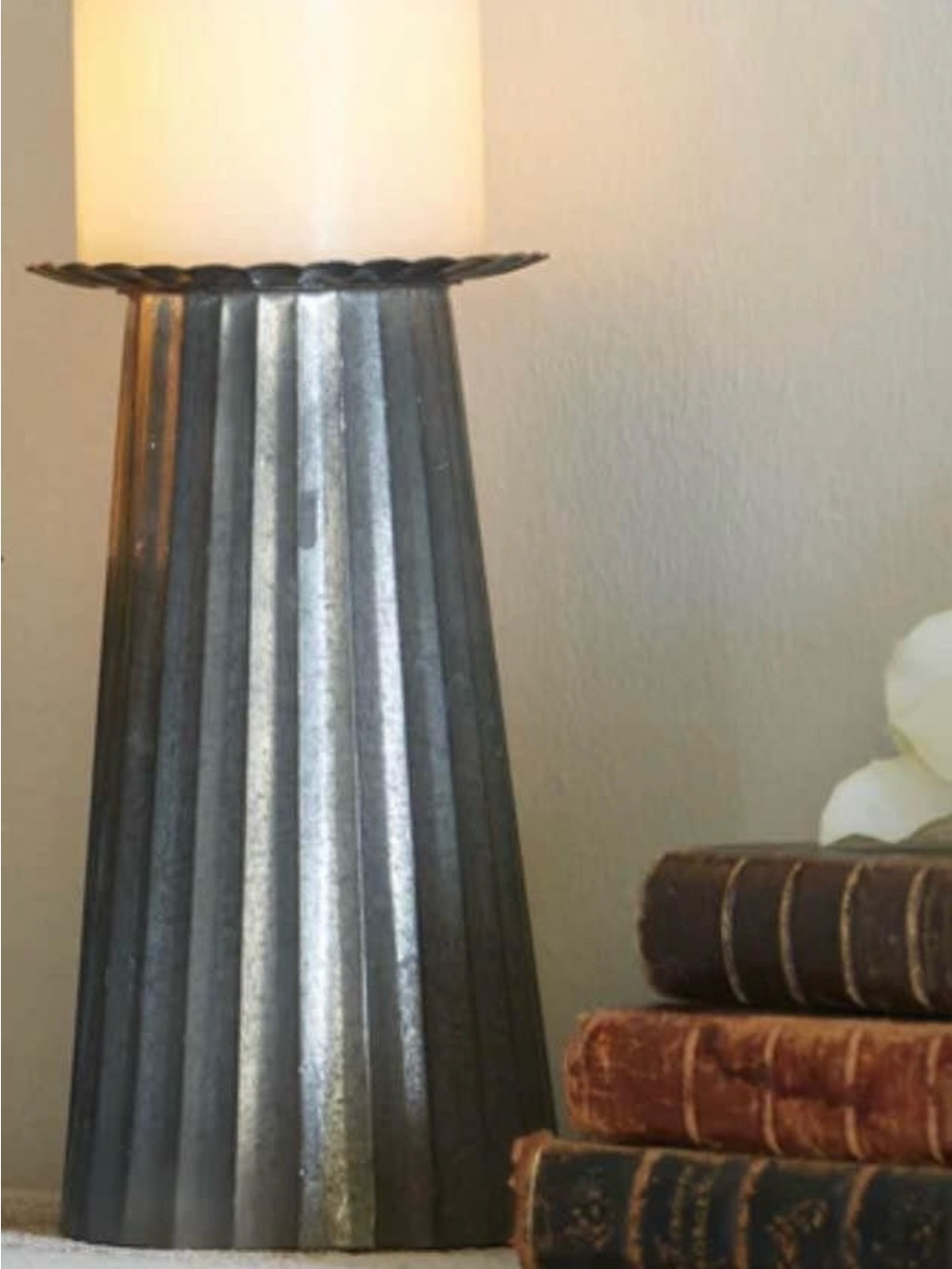 Vintage Inspired Fluted Galvanized Tin Pillar Candle Holders -